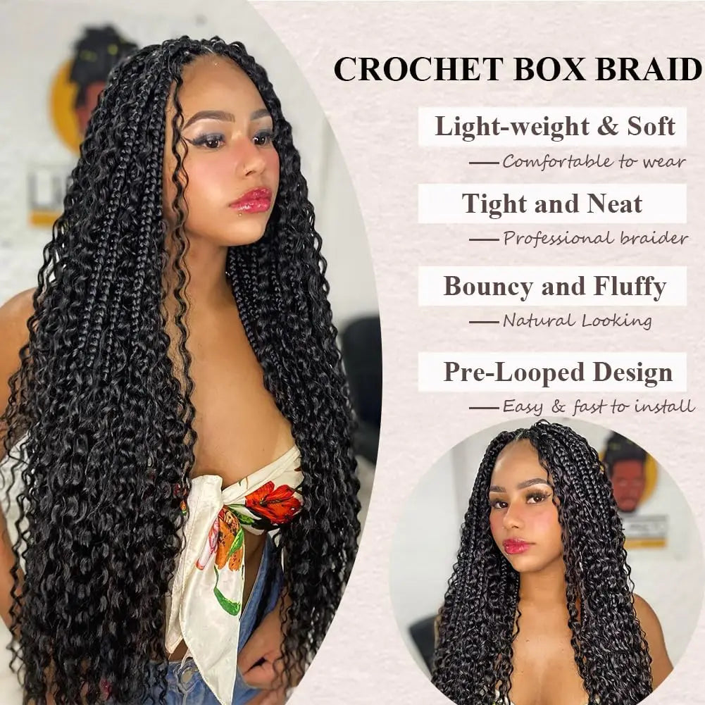 Synthetic Goddess Box Braids Crochet Hair With Curly Ends, Pre Looped Bohomian Crochet Box Braiding Hair Extensions for Women