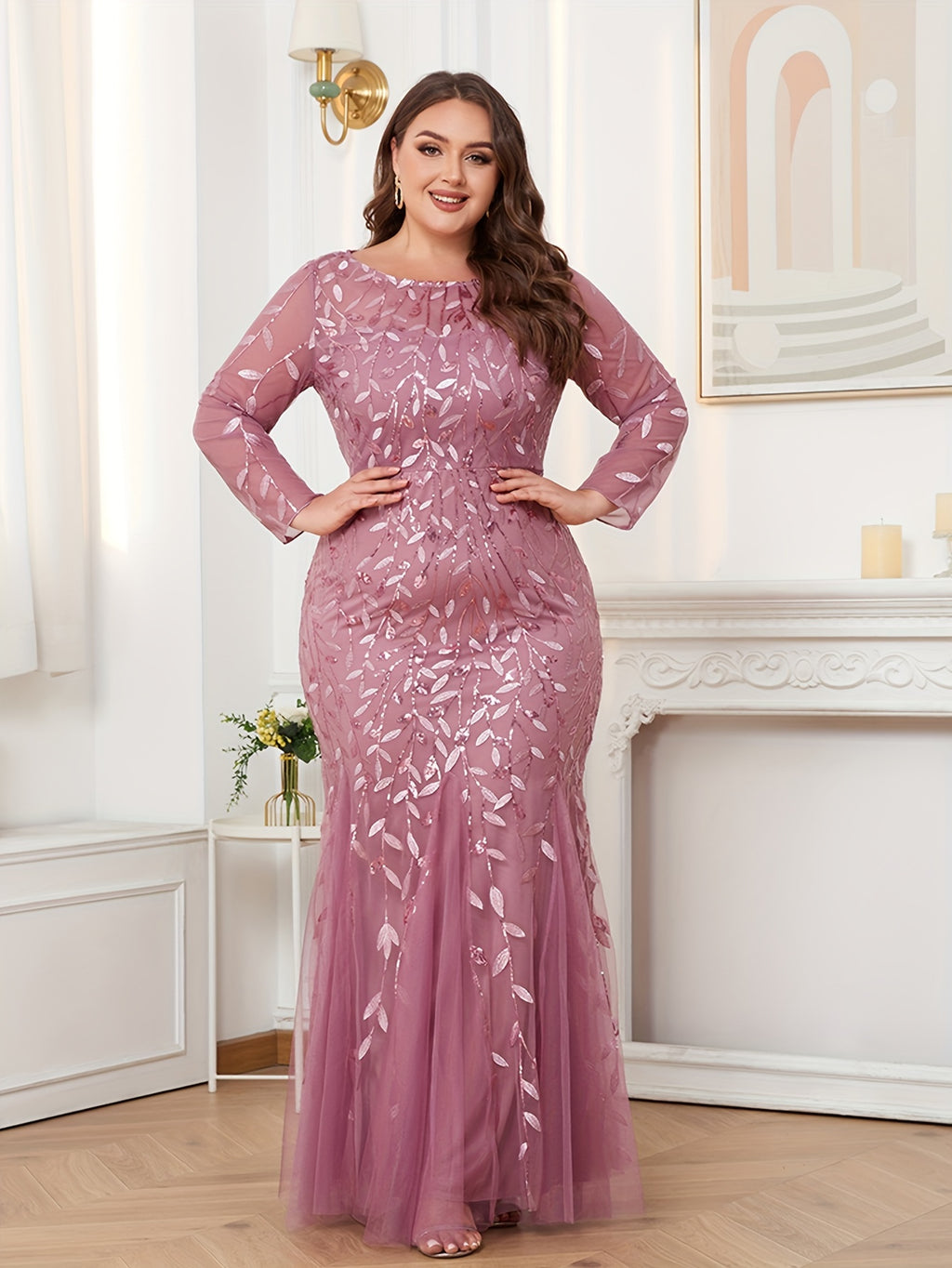 Elegant Plus Size Women's Long Sleeve Embroidered Gown - Round Neck, Zipper Closure, Mermaid Tail, Purple Sequin Evening Dress for Formal Events