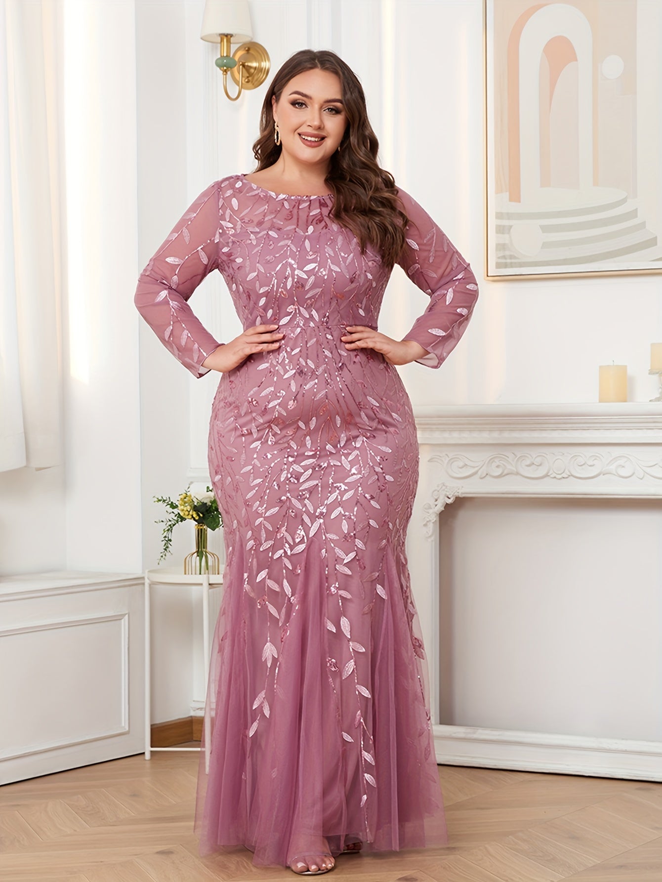 Elegant Plus Size Women's Long Sleeve Embroidered Gown - Round Neck, Zipper Closure, Mermaid Tail, Purple Sequin Evening Dress for Formal Events