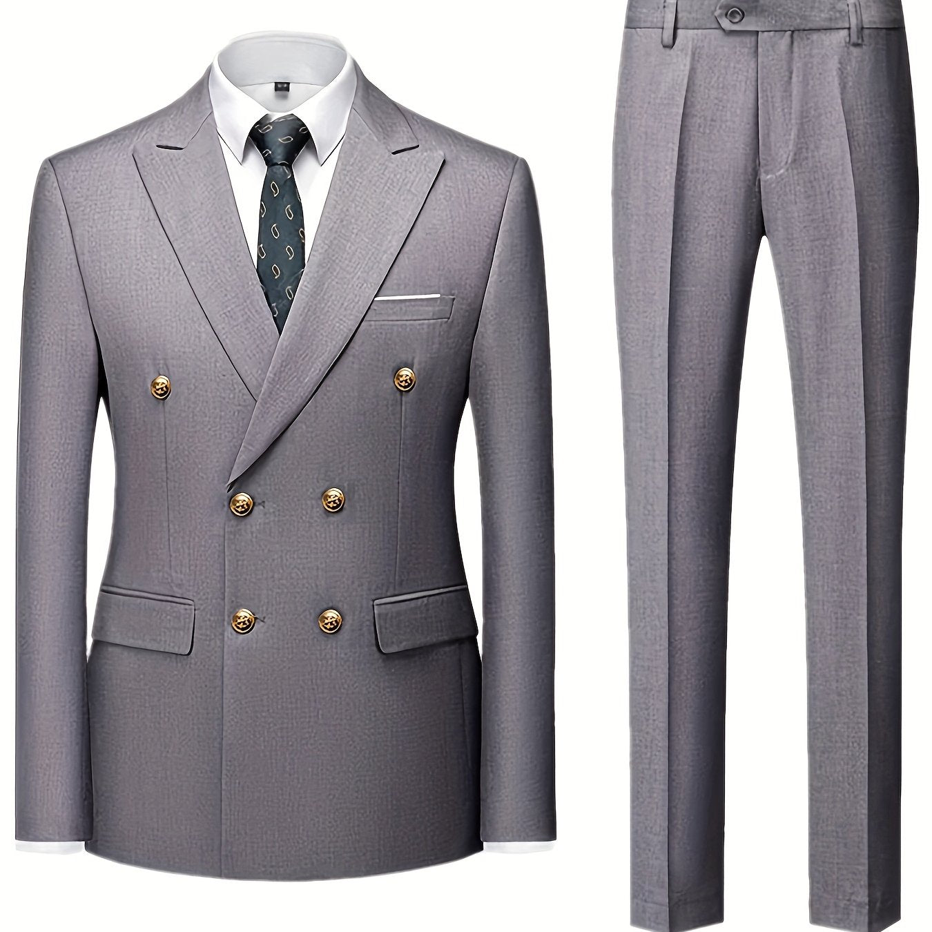 Men's Slim Fit Light Blue Double-Breasted Blazer & Pants Set - Elegant Evening Dress Suit for Business or Formal Occasions, 2pcs Polyester Fabric Outfit with Lapel Collar and Button Details, Formal Wear|Sleek Suit Design|Gold