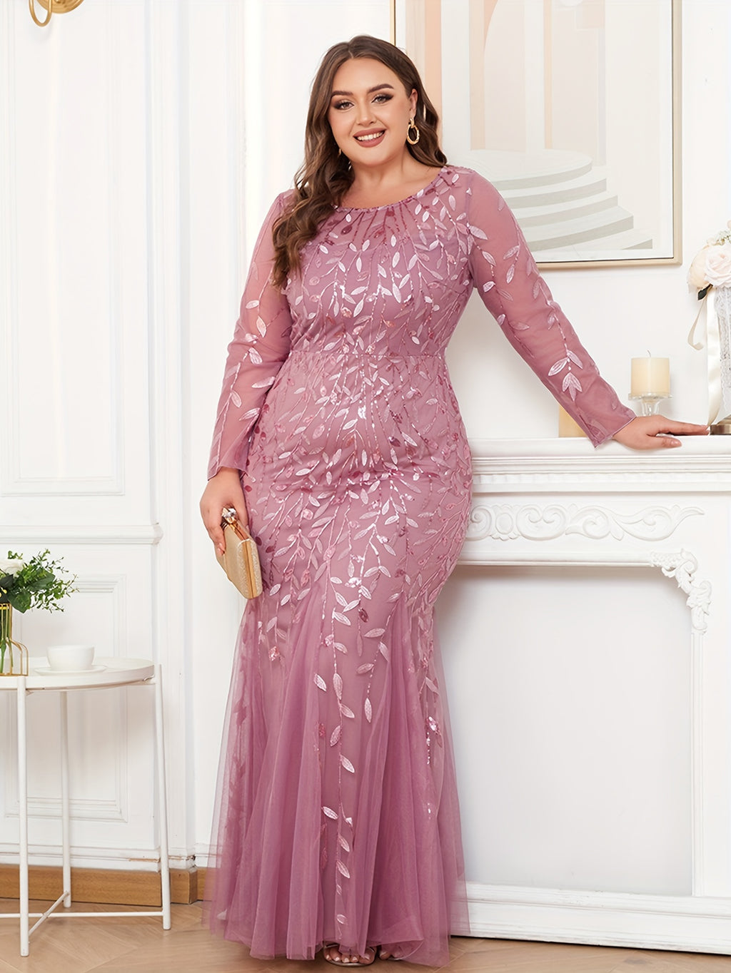 Elegant Plus Size Women's Long Sleeve Embroidered Gown - Round Neck, Zipper Closure, Mermaid Tail, Purple Sequin Evening Dress for Formal Events