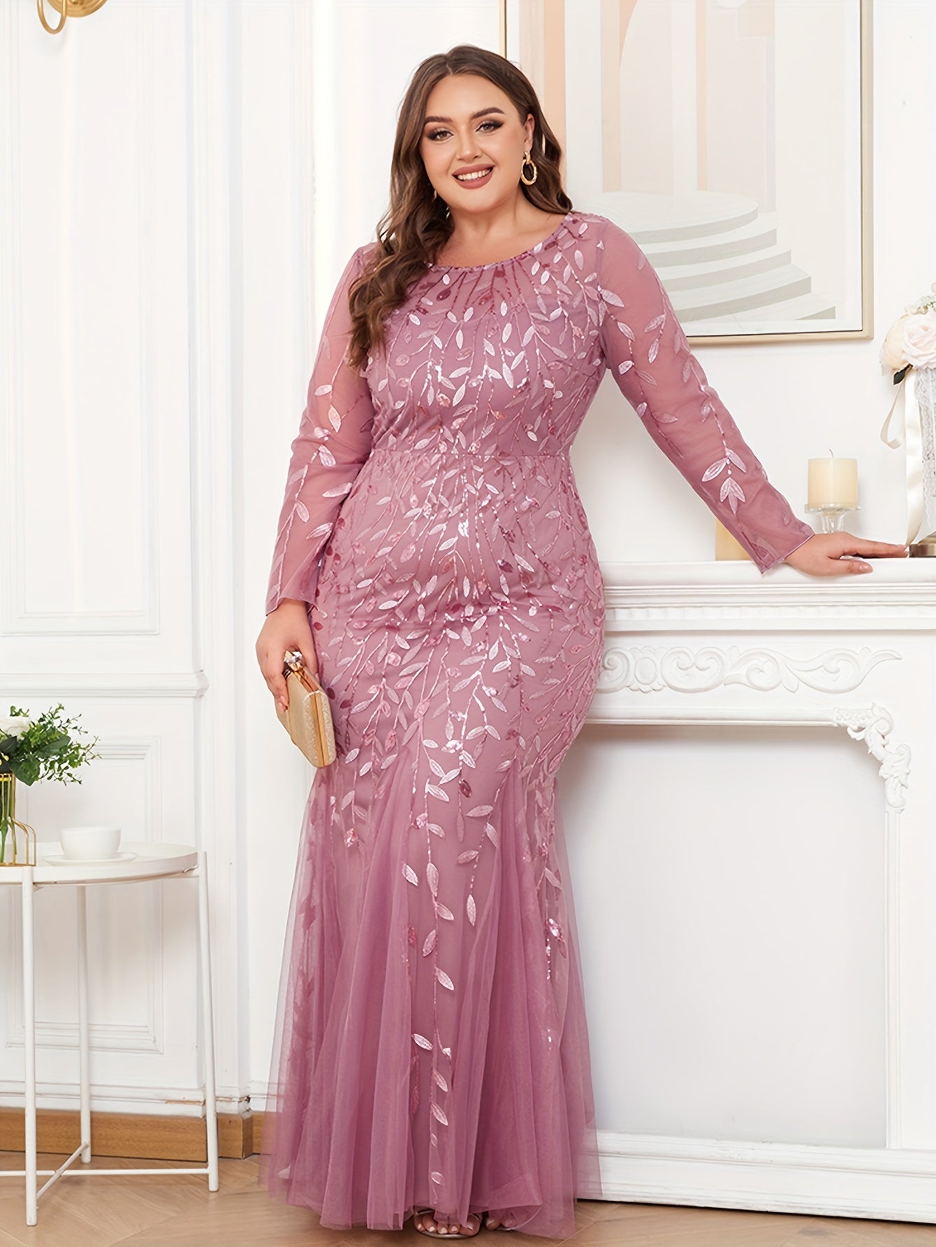 Elegant Plus Size Women's Long Sleeve Embroidered Gown - Round Neck, Zipper Closure, Mermaid Tail, Purple Sequin Evening Dress for Formal Events