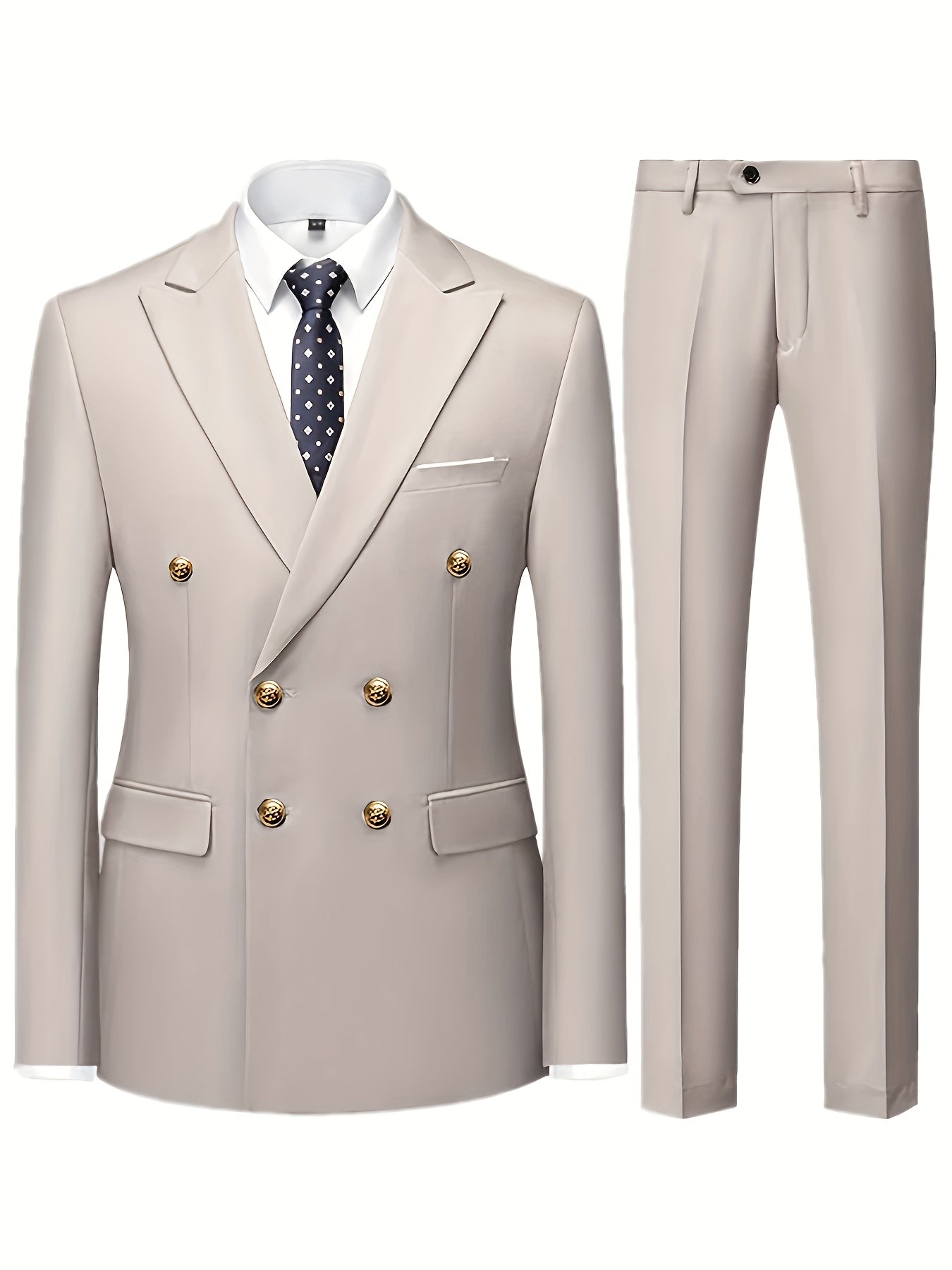 Men's Slim Fit Light Blue Double-Breasted Blazer & Pants Set - Elegant Evening Dress Suit for Business or Formal Occasions, 2pcs Polyester Fabric Outfit with Lapel Collar and Button Details, Formal Wear|Sleek Suit Design|Gold