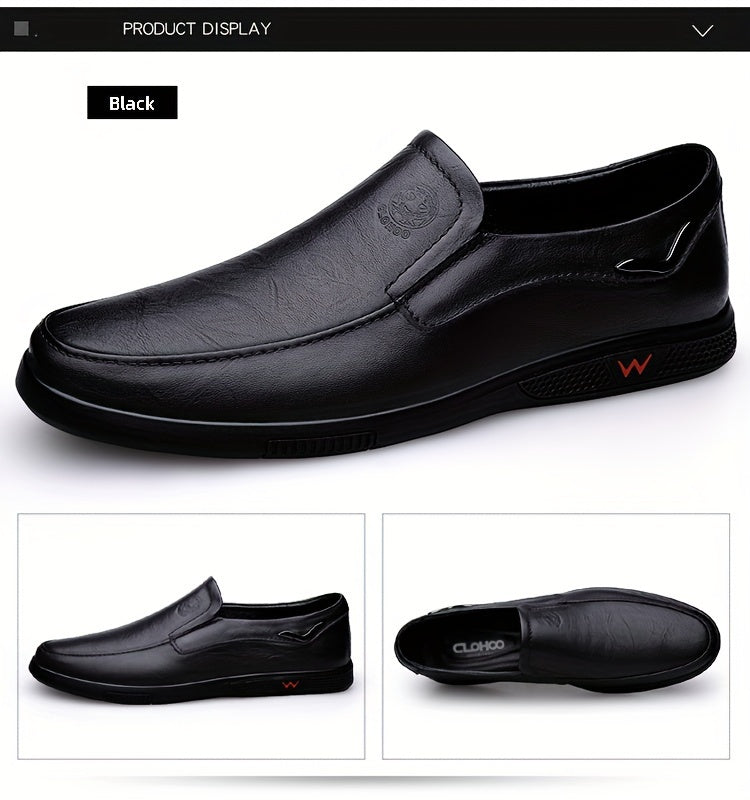 CLOHOO Men's Slip-On/Slip-Resistant Genuine Leather-like (Split Cowhide) Shoes - All-Season Casual & Dressy -like Sneakers with PU, Non-Skid Rubber Sole, Black/Brown for Business, Vacation, Casual Attire (No Laces)