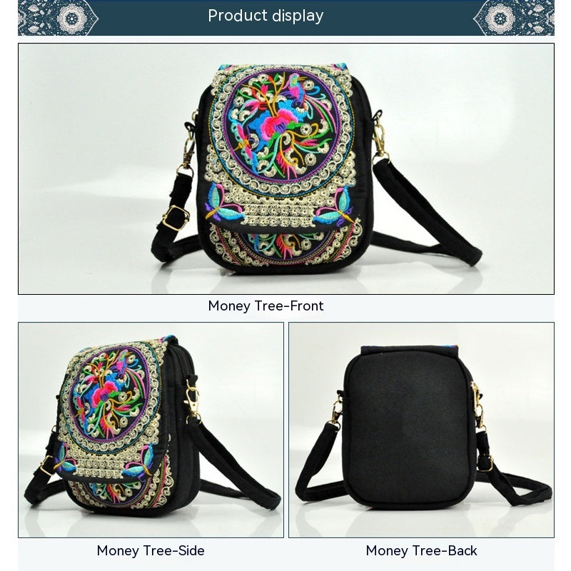 [Embroidered Crossbody] Lightweight Crossbody Bag | Women's Embroidered Mini Shoulder Bag with Detachable Strap - Floral Geometric Embroidery Design, Zipper Closure, Compact, Polyester Lined Interior (Navy/Purple/Red/Black)