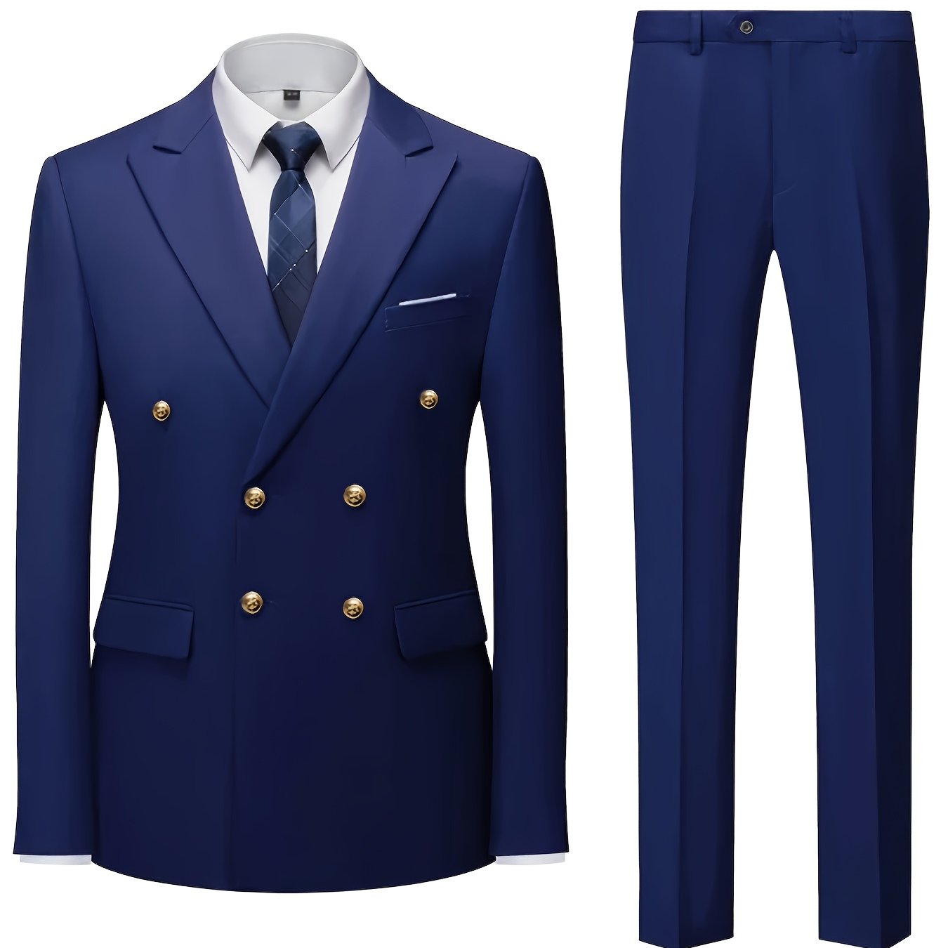 Men's Slim Fit Light Blue Double-Breasted Blazer & Pants Set - Elegant Evening Dress Suit for Business or Formal Occasions, 2pcs Polyester Fabric Outfit with Lapel Collar and Button Details, Formal Wear|Sleek Suit Design|Gold