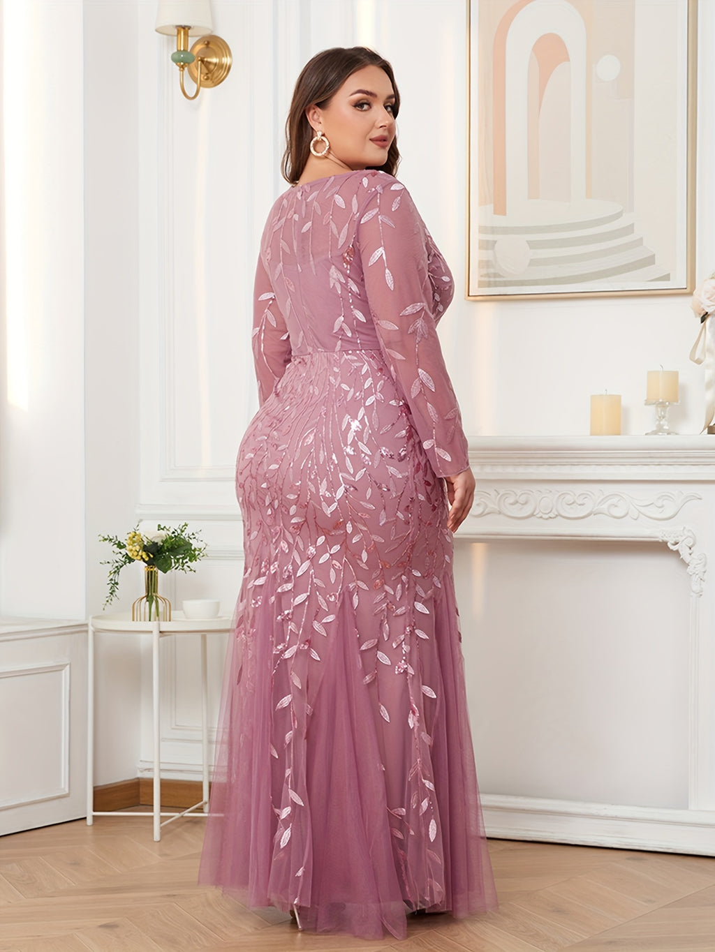 Elegant Plus Size Women's Long Sleeve Embroidered Gown - Round Neck, Zipper Closure, Mermaid Tail, Purple Sequin Evening Dress for Formal Events