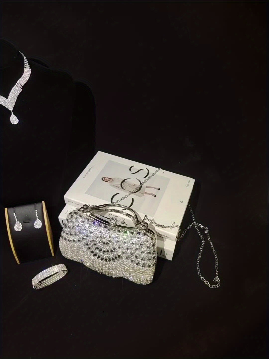 4pcs Set Water Brick Evening Dress with Hand-held Crossbody Lady's Dinner Bag, Necklace, Earrings, Bracelet and Ring for Parties, Weddings, Dances and Vacations