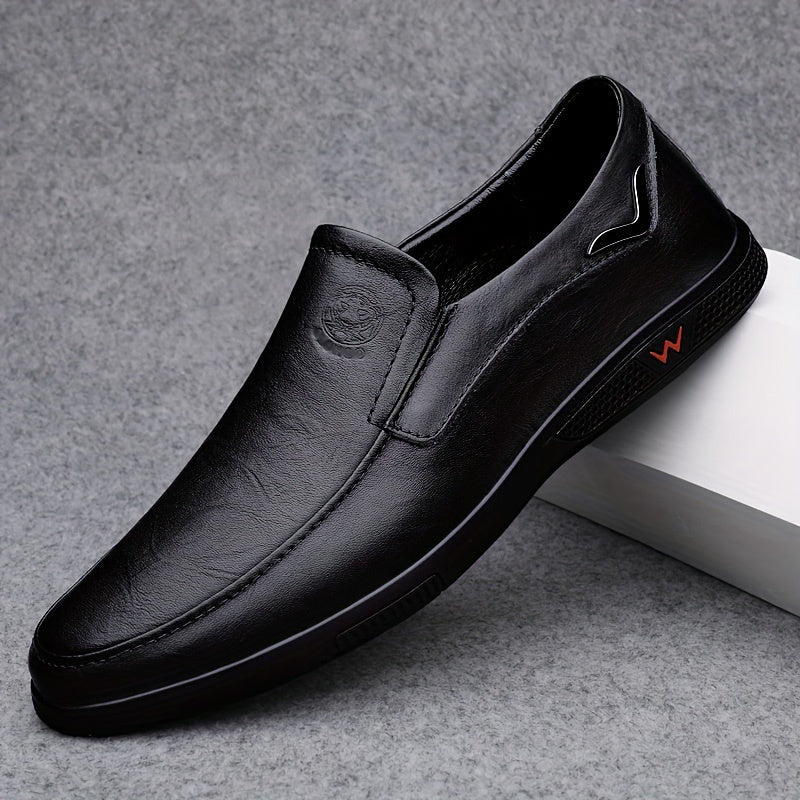 CLOHOO Men's Slip-On/Slip-Resistant Genuine Leather-like (Split Cowhide) Shoes - All-Season Casual & Dressy -like Sneakers with PU, Non-Skid Rubber Sole, Black/Brown for Business, Vacation, Casual Attire (No Laces)