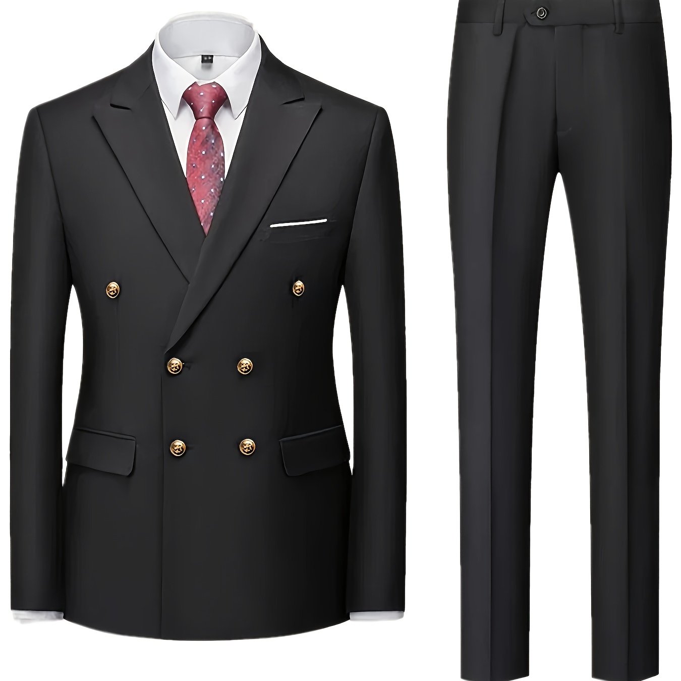 Men's Slim Fit Light Blue Double-Breasted Blazer & Pants Set - Elegant Evening Dress Suit for Business or Formal Occasions, 2pcs Polyester Fabric Outfit with Lapel Collar and Button Details, Formal Wear|Sleek Suit Design|Gold