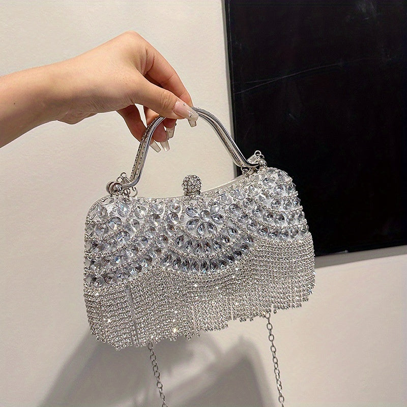 4pcs Set Water Brick Evening Dress with Hand-held Crossbody Lady's Dinner Bag, Necklace, Earrings, Bracelet and Ring for Parties, Weddings, Dances and Vacations