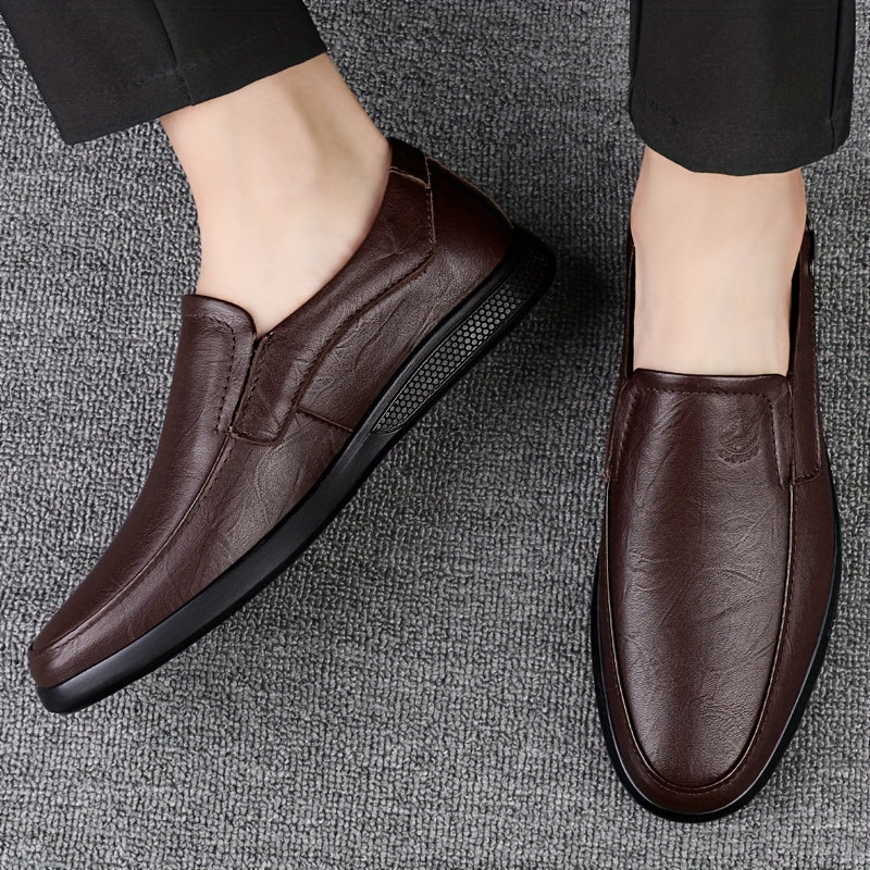 CLOHOO Men's Slip-On/Slip-Resistant Genuine Leather-like (Split Cowhide) Shoes - All-Season Casual & Dressy -like Sneakers with PU, Non-Skid Rubber Sole, Black/Brown for Business, Vacation, Casual Attire (No Laces)