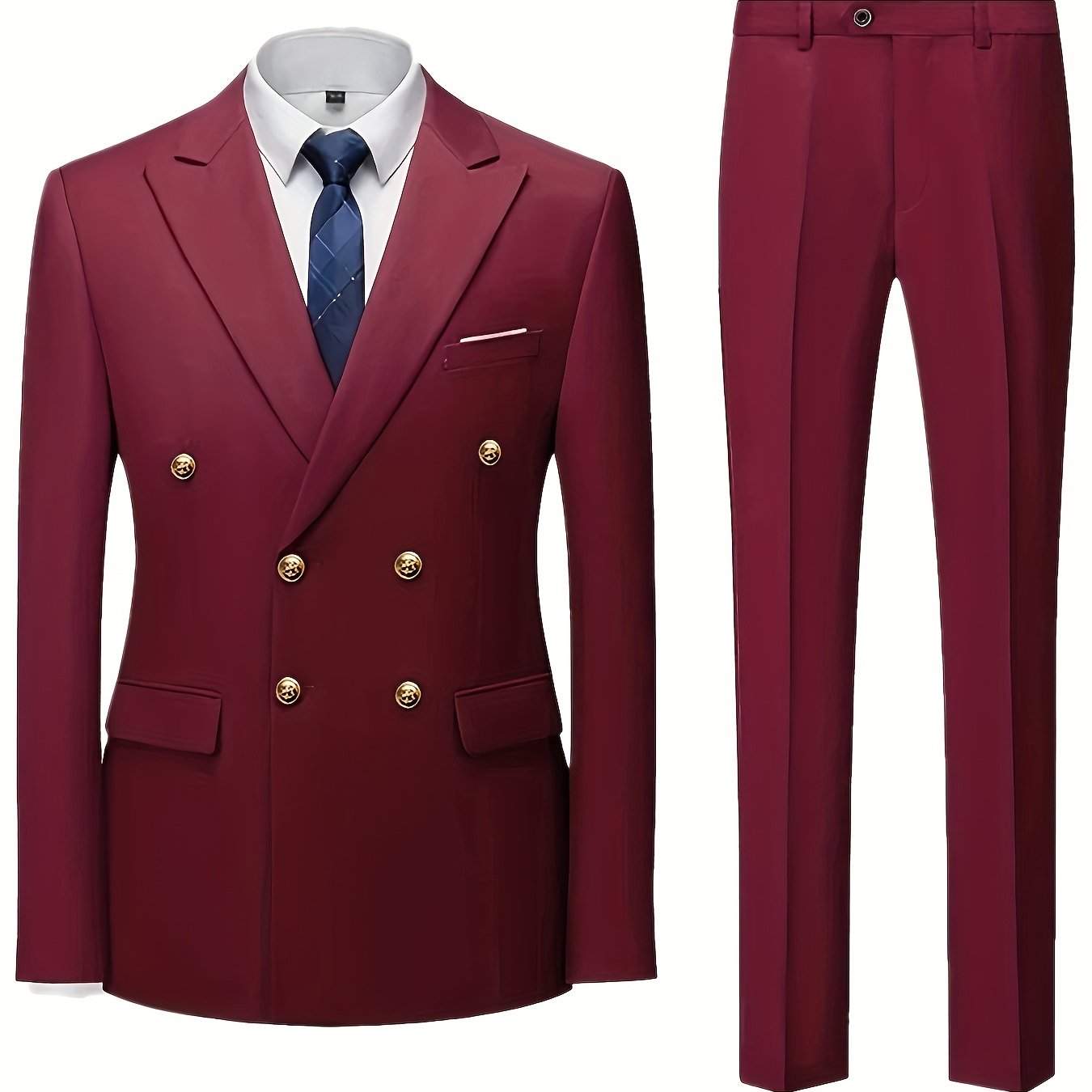 Men's Slim Fit Light Blue Double-Breasted Blazer & Pants Set - Elegant Evening Dress Suit for Business or Formal Occasions, 2pcs Polyester Fabric Outfit with Lapel Collar and Button Details, Formal Wear|Sleek Suit Design|Gold