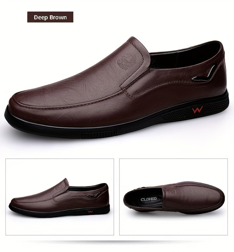 CLOHOO Men's Slip-On/Slip-Resistant Genuine Leather-like (Split Cowhide) Shoes - All-Season Casual & Dressy -like Sneakers with PU, Non-Skid Rubber Sole, Black/Brown for Business, Vacation, Casual Attire (No Laces)