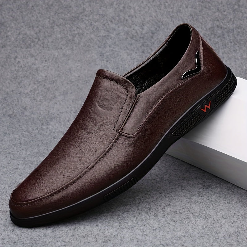 CLOHOO Men's Slip-On/Slip-Resistant Genuine Leather-like (Split Cowhide) Shoes - All-Season Casual & Dressy -like Sneakers with PU, Non-Skid Rubber Sole, Black/Brown for Business, Vacation, Casual Attire (No Laces)