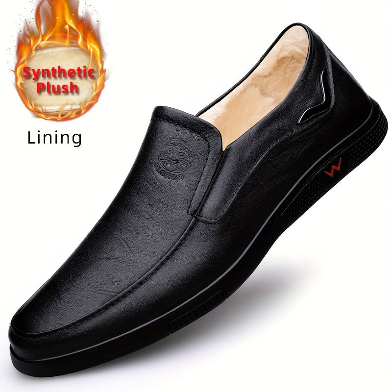 CLOHOO Men's Slip-On/Slip-Resistant Genuine Leather-like (Split Cowhide) Shoes - All-Season Casual & Dressy -like Sneakers with PU, Non-Skid Rubber Sole, Black/Brown for Business, Vacation, Casual Attire (No Laces)