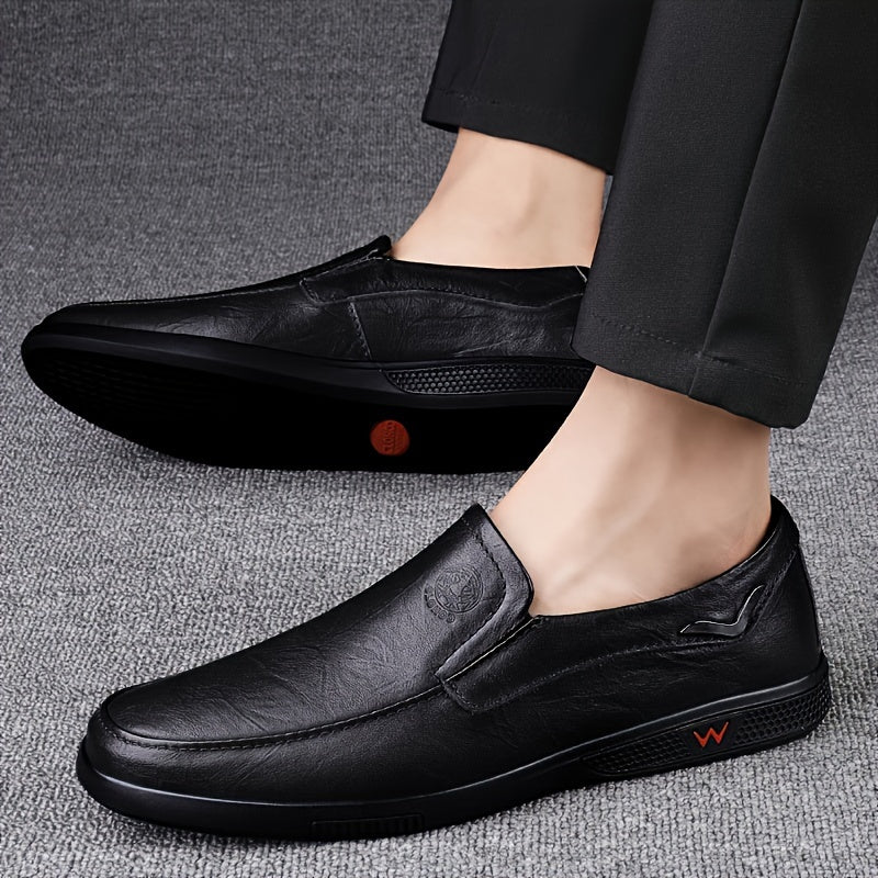 CLOHOO Men's Slip-On/Slip-Resistant Genuine Leather-like (Split Cowhide) Shoes - All-Season Casual & Dressy -like Sneakers with PU, Non-Skid Rubber Sole, Black/Brown for Business, Vacation, Casual Attire (No Laces)