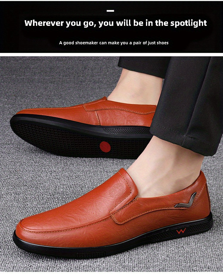 CLOHOO Men's Slip-On/Slip-Resistant Genuine Leather-like (Split Cowhide) Shoes - All-Season Casual & Dressy -like Sneakers with PU, Non-Skid Rubber Sole, Black/Brown for Business, Vacation, Casual Attire (No Laces)