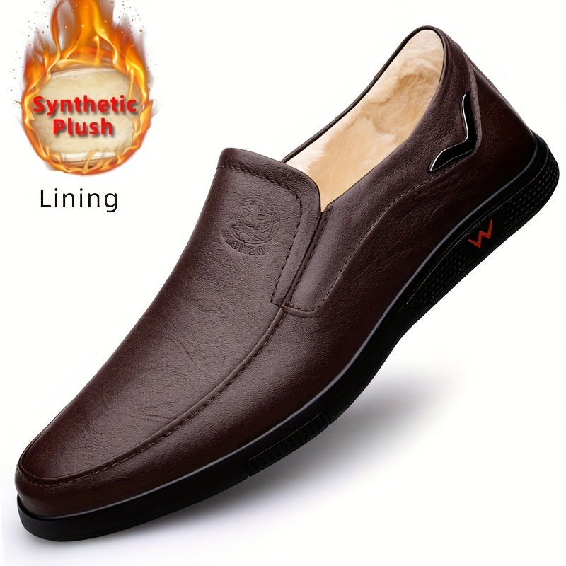 CLOHOO Men's Slip-On/Slip-Resistant Genuine Leather-like (Split Cowhide) Shoes - All-Season Casual & Dressy -like Sneakers with PU, Non-Skid Rubber Sole, Black/Brown for Business, Vacation, Casual Attire (No Laces)