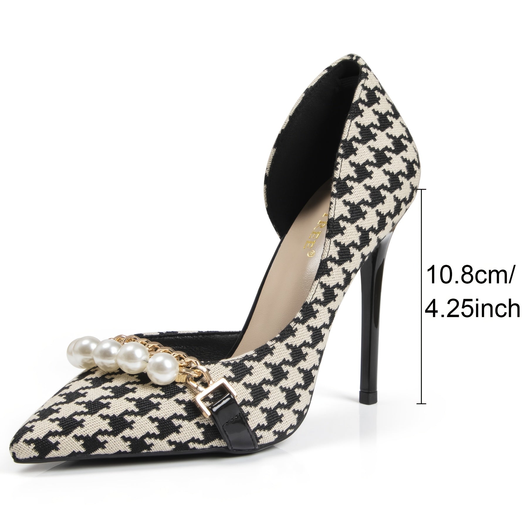 Elegant Women's Black Houndstooth Stiletto Heels with Faux Pearl & Metal Chain Accents - Pointed Toe, High-Quality Canvas & PU Cover, Durable Rubber Sole - Ideal for Weddings, Parties, Office & Dates, High Heels for Wedding,