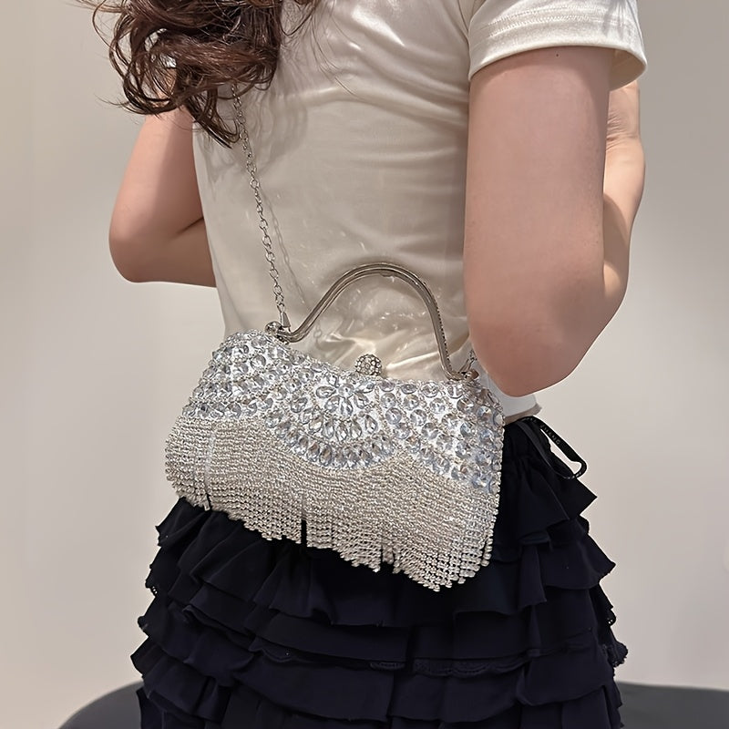 4pcs Set Water Brick Evening Dress with Hand-held Crossbody Lady's Dinner Bag, Necklace, Earrings, Bracelet and Ring for Parties, Weddings, Dances and Vacations