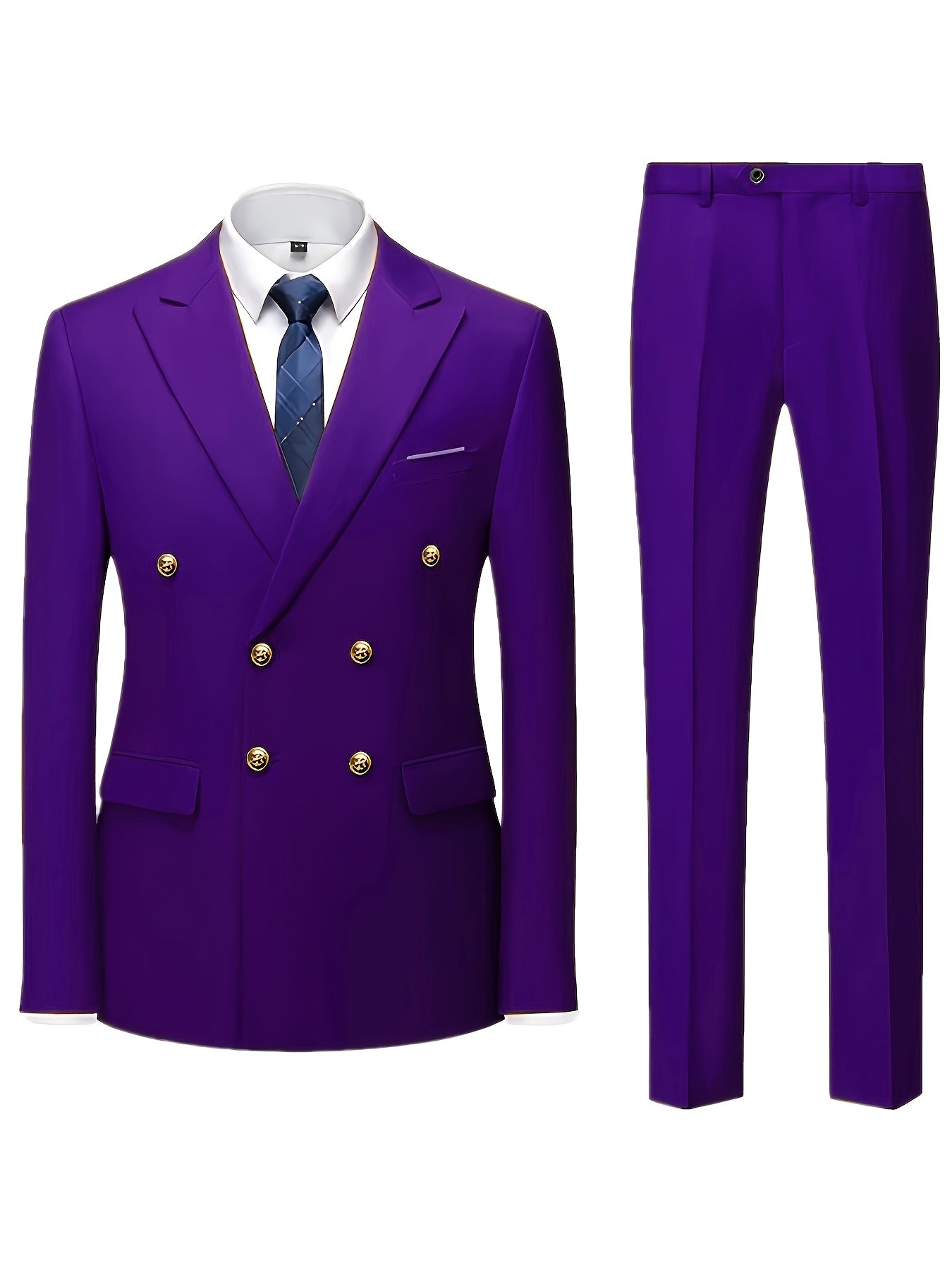 Men's Slim Fit Light Blue Double-Breasted Blazer & Pants Set - Elegant Evening Dress Suit for Business or Formal Occasions, 2pcs Polyester Fabric Outfit with Lapel Collar and Button Details, Formal Wear|Sleek Suit Design|Gold