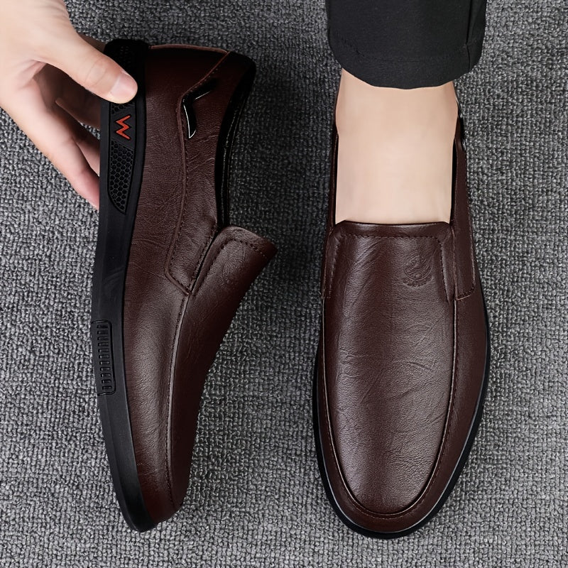 CLOHOO Men's Slip-On/Slip-Resistant Genuine Leather-like (Split Cowhide) Shoes - All-Season Casual & Dressy -like Sneakers with PU, Non-Skid Rubber Sole, Black/Brown for Business, Vacation, Casual Attire (No Laces)