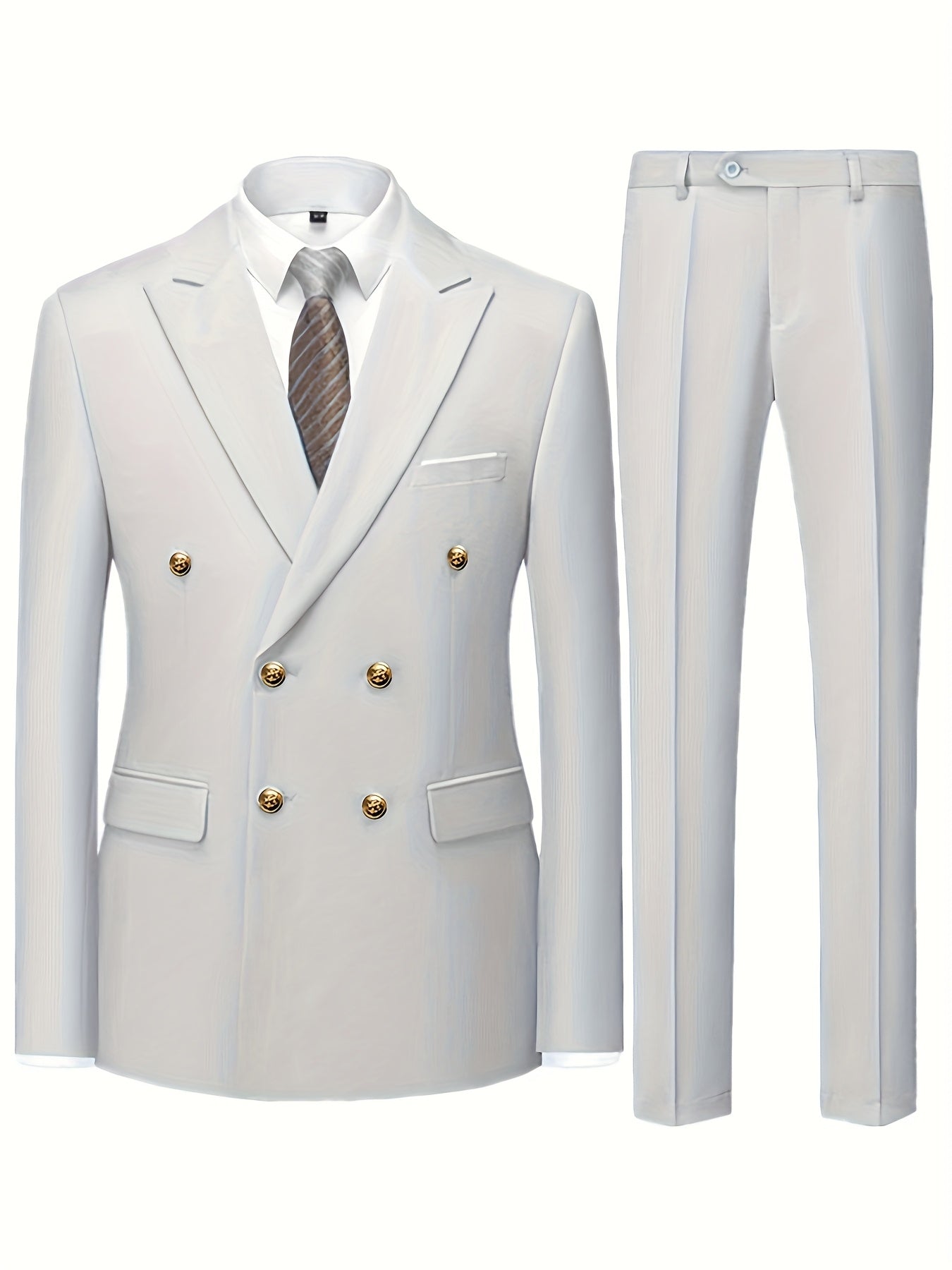 Men's Slim Fit Light Blue Double-Breasted Blazer & Pants Set - Elegant Evening Dress Suit for Business or Formal Occasions, 2pcs Polyester Fabric Outfit with Lapel Collar and Button Details, Formal Wear|Sleek Suit Design|Gold