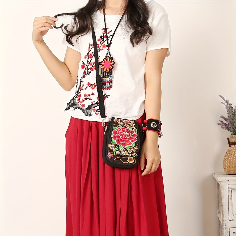 [Embroidered Crossbody] Lightweight Crossbody Bag | Women's Embroidered Mini Shoulder Bag with Detachable Strap - Floral Geometric Embroidery Design, Zipper Closure, Compact, Polyester Lined Interior (Navy/Purple/Red/Black)