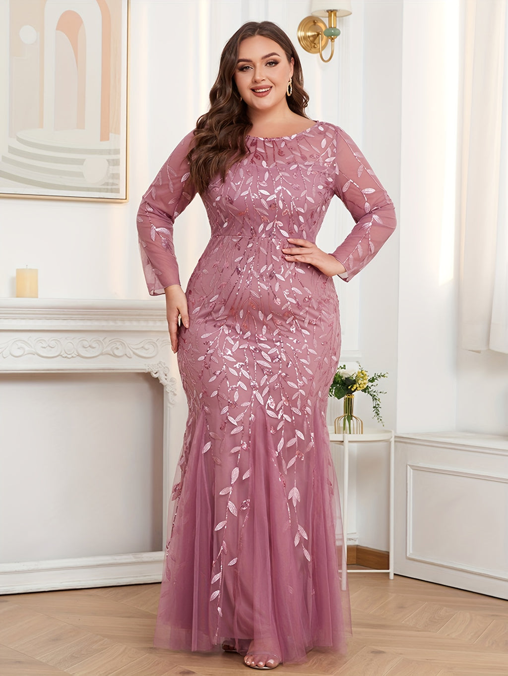 Elegant Plus Size Women's Long Sleeve Embroidered Gown - Round Neck, Zipper Closure, Mermaid Tail, Purple Sequin Evening Dress for Formal Events