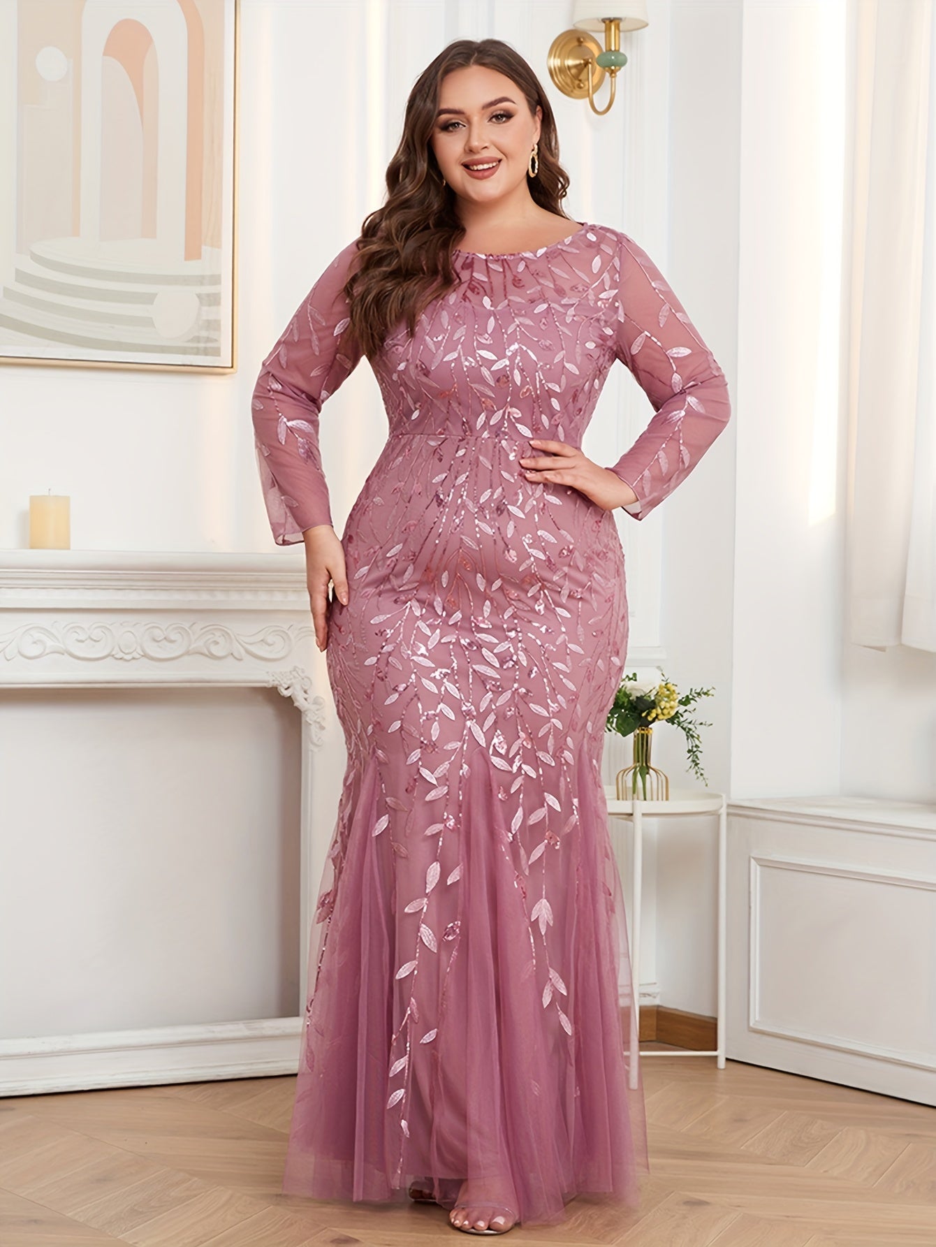 Elegant Plus Size Women's Long Sleeve Embroidered Gown - Round Neck, Zipper Closure, Mermaid Tail, Purple Sequin Evening Dress for Formal Events