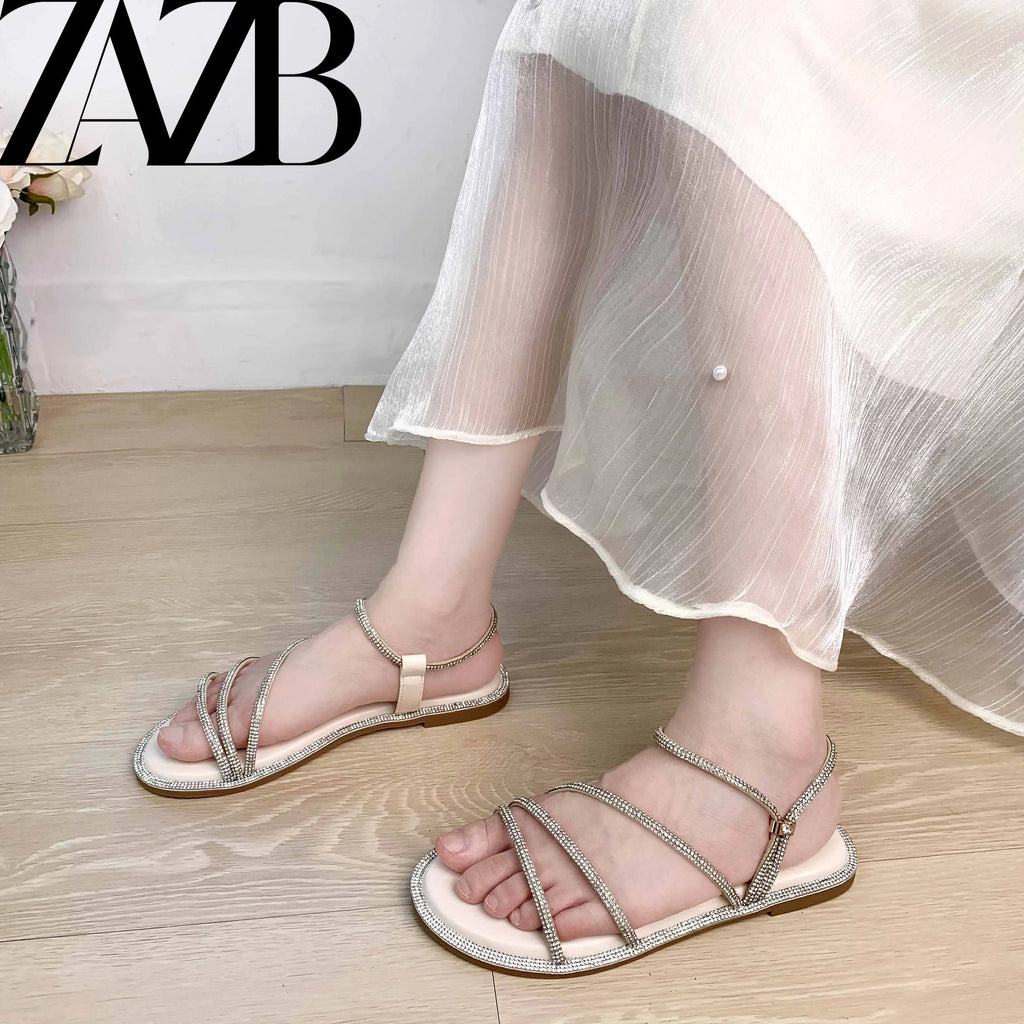 Custom Rhinestone Metal Chain Designer Shoes Sandals for Women and Ladies Flat Shoes  Luxury slippers Femmes Fashion