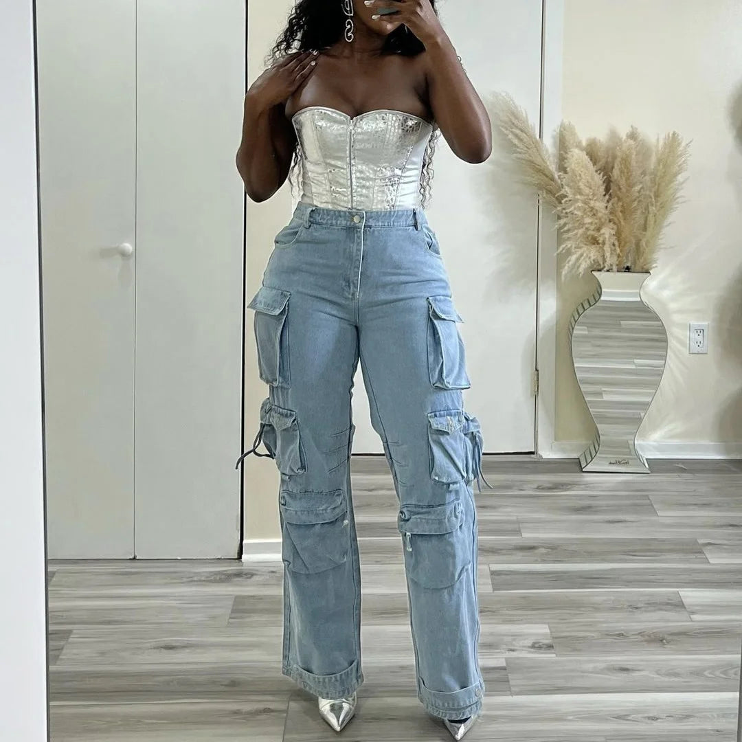 Bettergirl Wholesale Ready to Ship Wide Leg Pants Ladies Baggy Casual Femmes Pantalon Women Denim Cargo Jeans Women