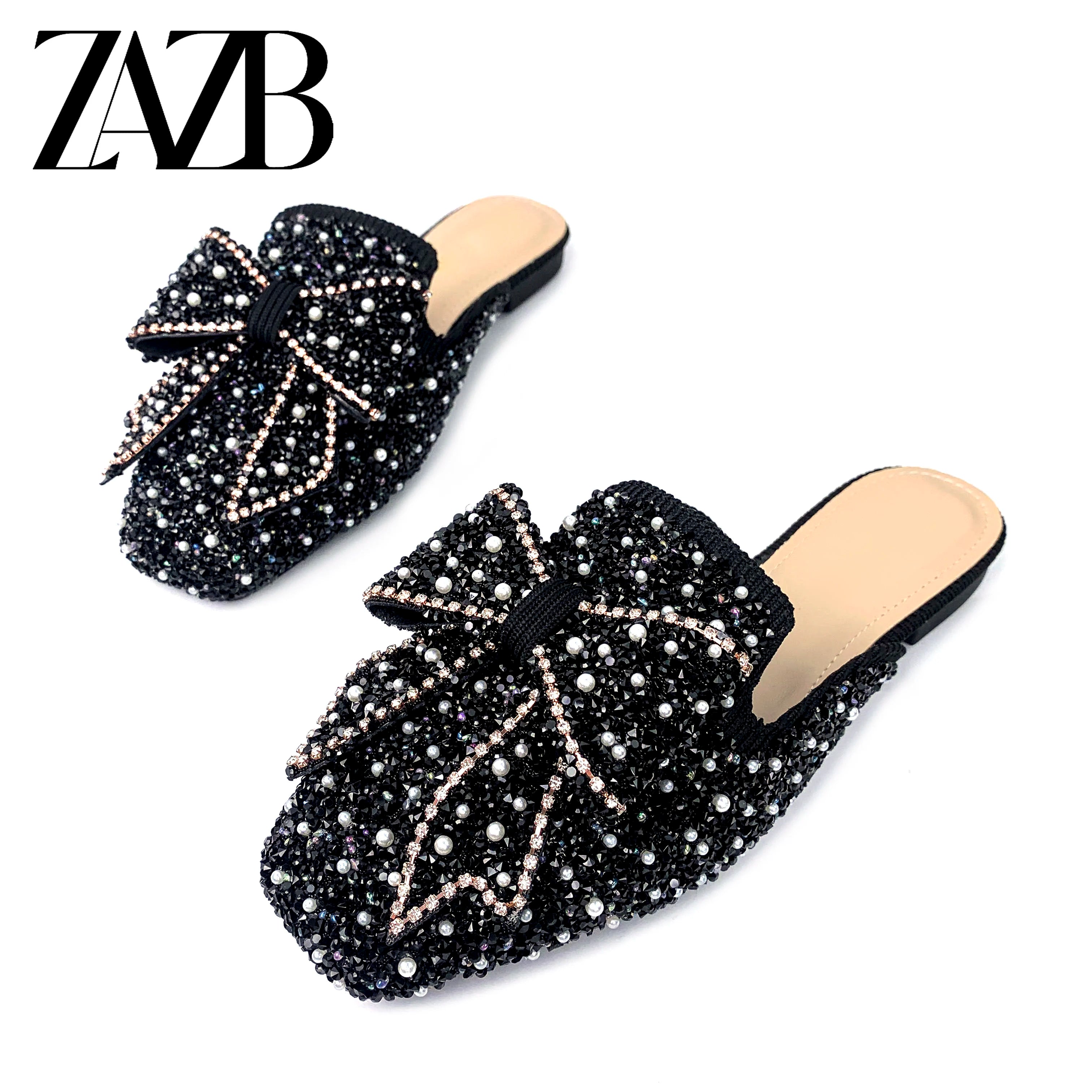 Fashion Custom Designer Pearl Diamond Pointy Sandals for Women and Ladies Flat Bottom Luxury Sandals Femmes Comfortable Elegant