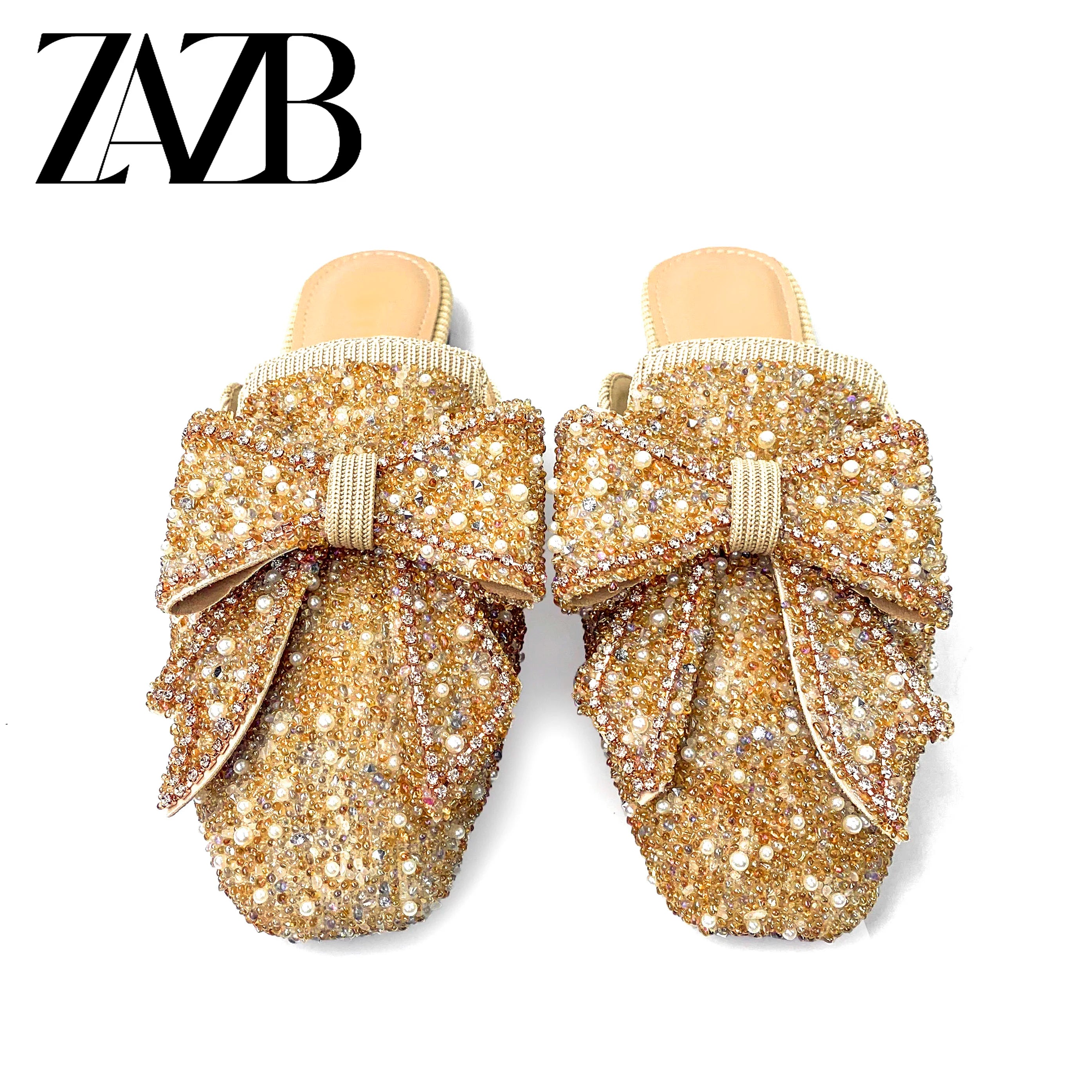 Fashion Custom Designer Pearl Diamond Pointy Sandals for Women and Ladies Flat Bottom Luxury Sandals Femmes Comfortable Elegant