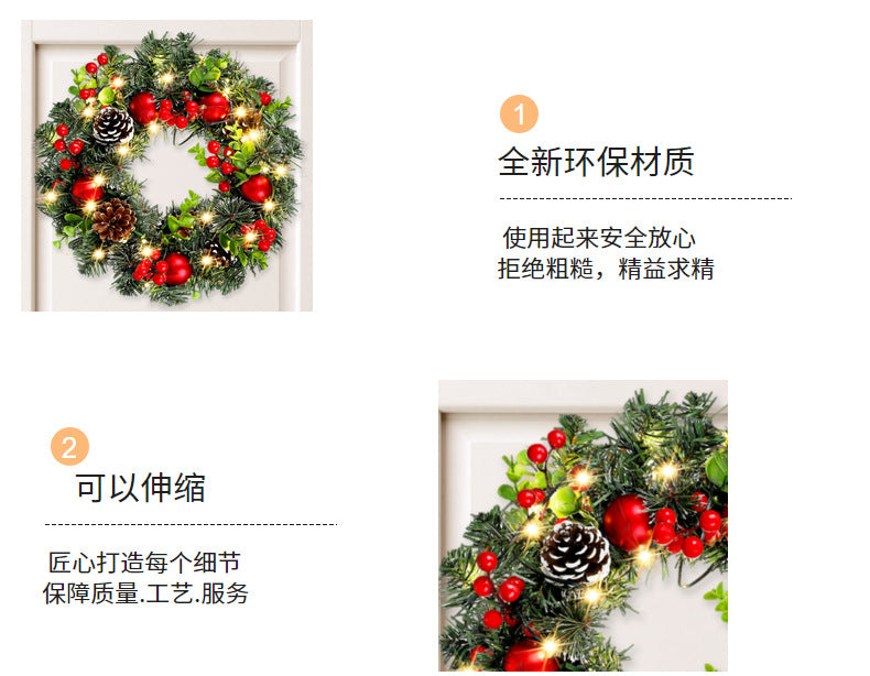 Elegant Red Christmas Wreath LED PVC Red Fruit Christmas Wreath Window Door Wall Ornament Decorations Home Halloween Decor Gifts