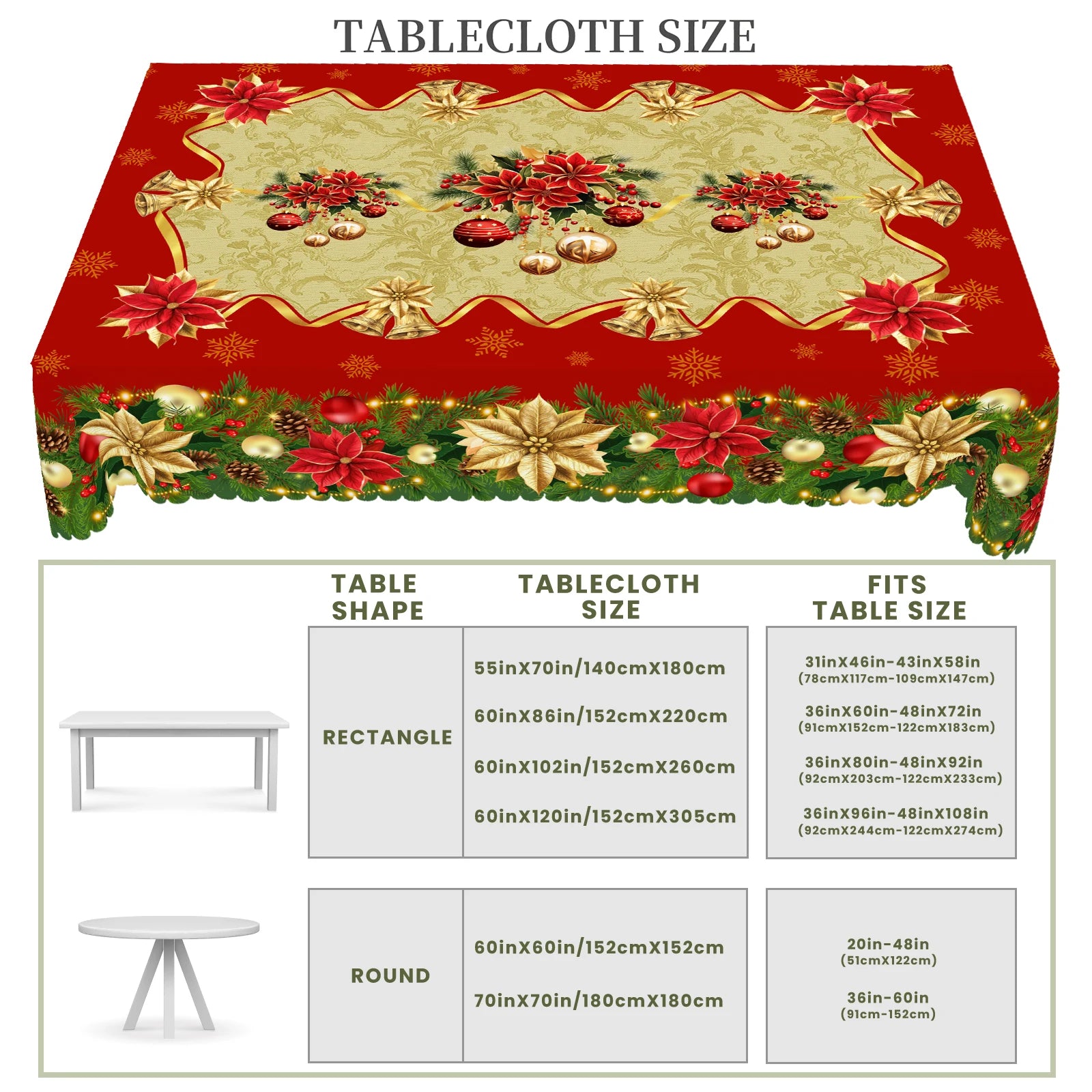 1 Christmas Themed Round and Rectangular Tablecloths, Available in Various Sizes, Christmas and New Year Decorative Tablecloths with Red and Gold First-Class Red and Gold Bell Pattern Christmas Tablecloths for Christmas Kitch