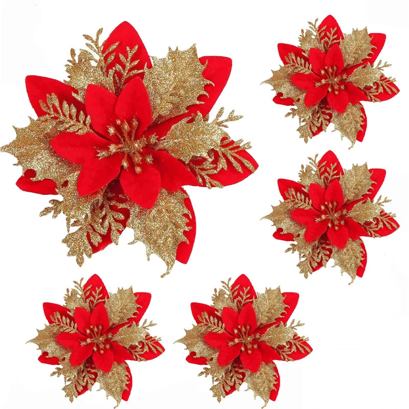 Christmas Tree Decorations Flowers Ornaments Red Glitter Artifical Flowers Xmas Tree Xmas Decoration Home