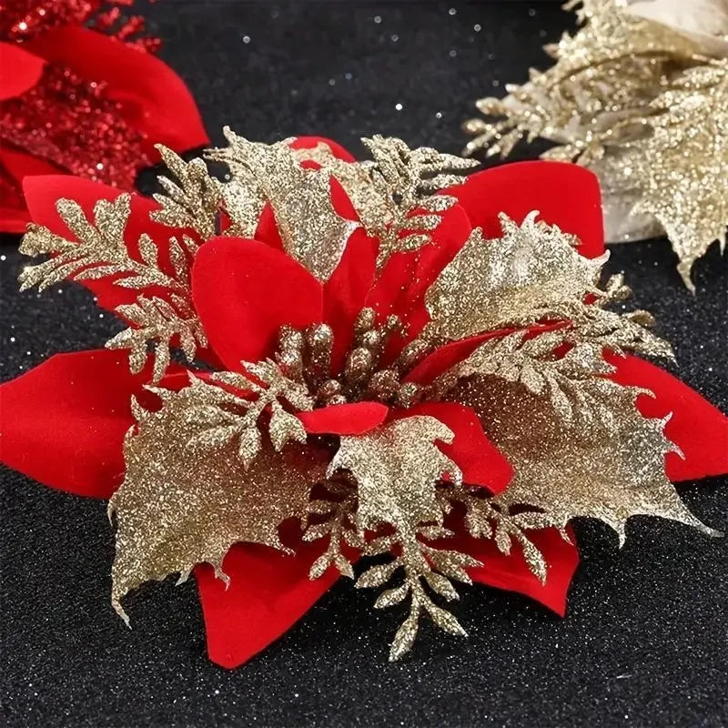 Christmas Tree Decorations Flowers Ornaments Red Glitter Artifical Flowers Xmas Tree Xmas Decoration Home