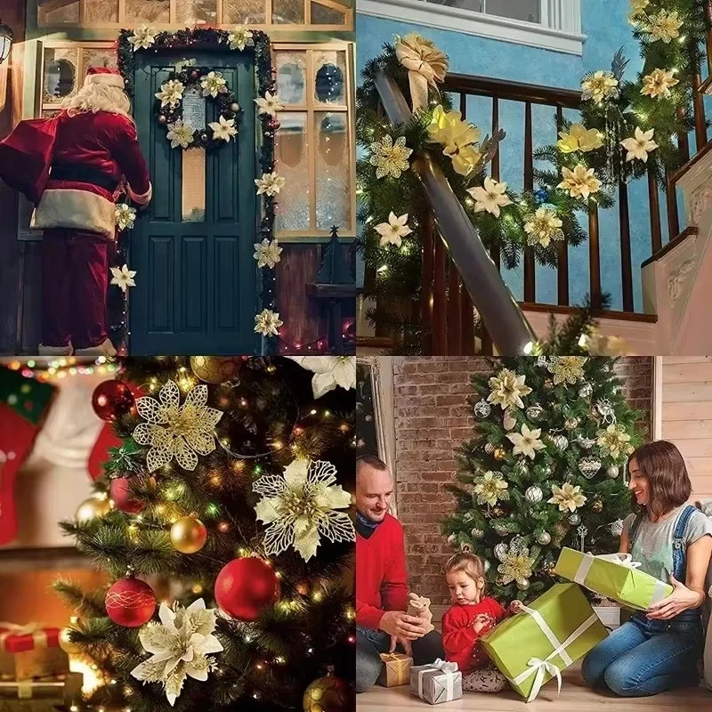 Christmas Tree Decorations Flowers Ornaments Red Glitter Artifical Flowers Xmas Tree Xmas Decoration Home