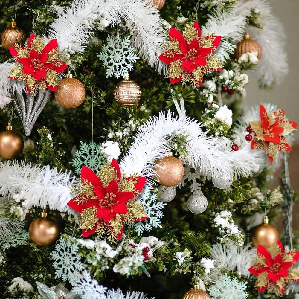 Christmas Tree Decorations Flowers Ornaments Red Glitter Artifical Flowers Xmas Tree Xmas Decoration Home