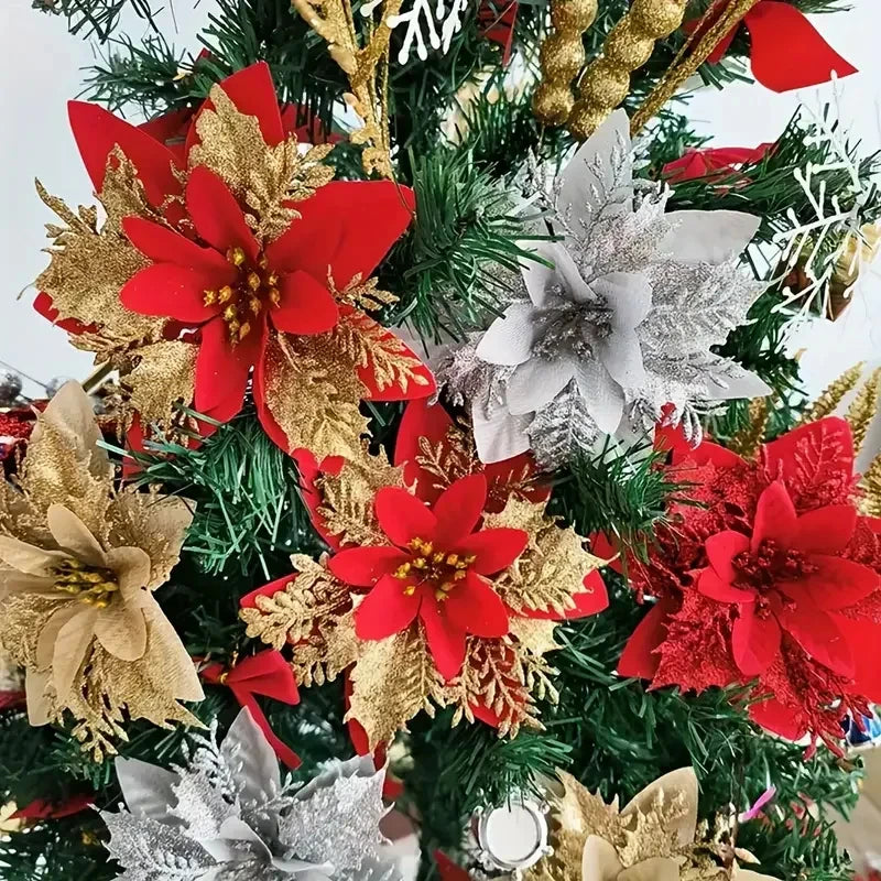 Christmas Tree Decorations Flowers Ornaments Red Glitter Artifical Flowers Xmas Tree Xmas Decoration Home