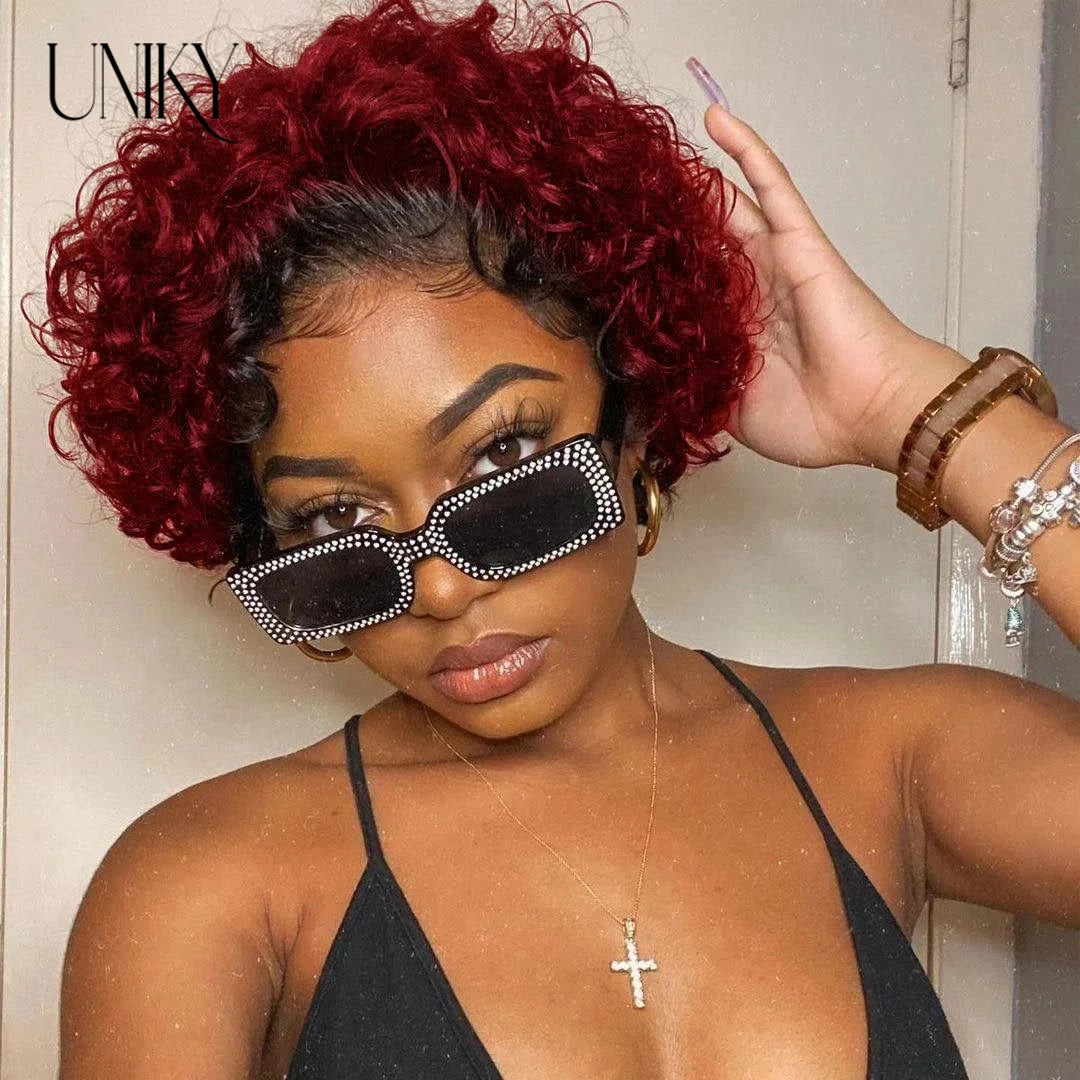 Brown Ombre Pixie Cut Wig Short Bob Curly Human Hair Wigs perruque bresillienne 99J Burgundy1B/Ginger Orange Water Deep Wave Wig