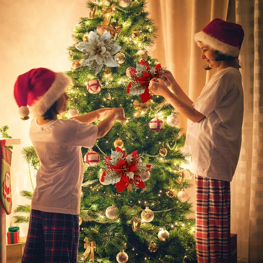 Christmas Tree Decorations Flowers Ornaments Red Glitter Artifical Flowers Xmas Tree Xmas Decoration Home