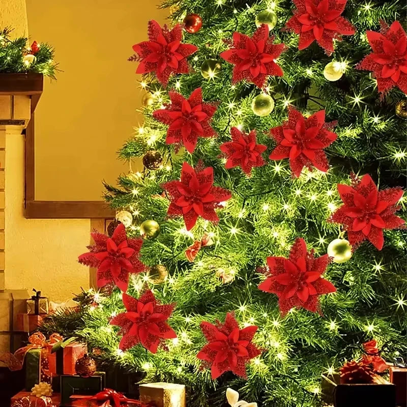 Christmas Tree Decorations Flowers Ornaments Red Glitter Artifical Flowers Xmas Tree Xmas Decoration Home