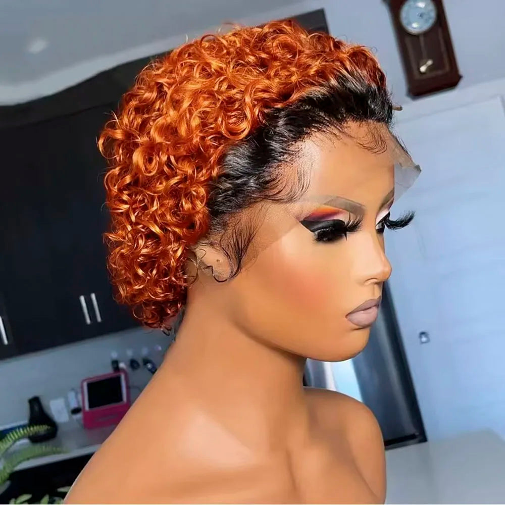 Brown Ombre Pixie Cut Wig Short Bob Curly Human Hair Wigs perruque bresillienne 99J Burgundy1B/Ginger Orange Water Deep Wave Wig