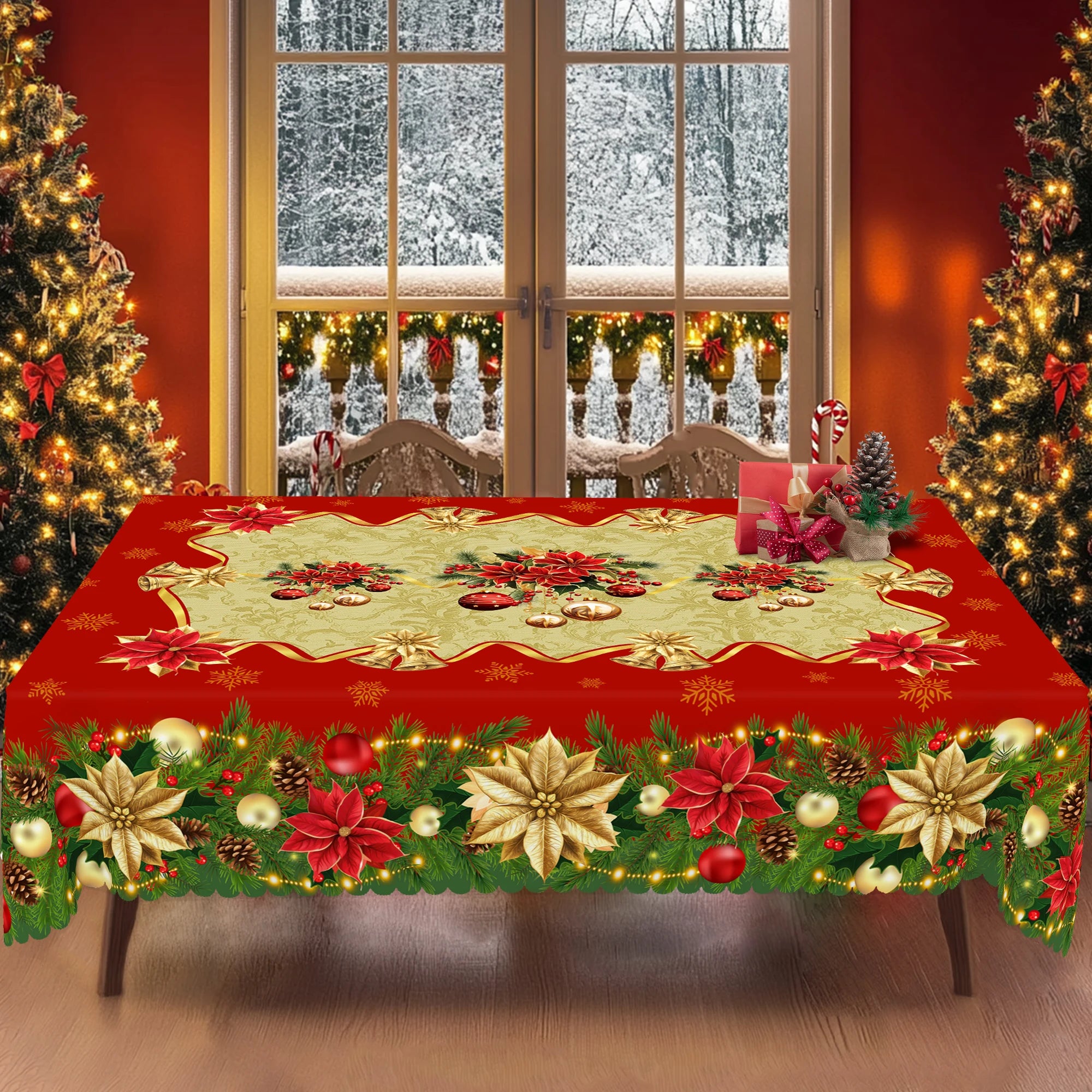 1 Christmas Themed Round and Rectangular Tablecloths, Available in Various Sizes, Christmas and New Year Decorative Tablecloths with Red and Gold First-Class Red and Gold Bell Pattern Christmas Tablecloths for Christmas Kitch