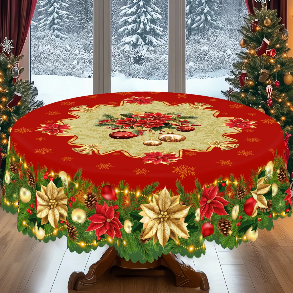 1 Christmas Themed Round and Rectangular Tablecloths, Available in Various Sizes, Christmas and New Year Decorative Tablecloths with Red and Gold First-Class Red and Gold Bell Pattern Christmas Tablecloths for Christmas Kitch