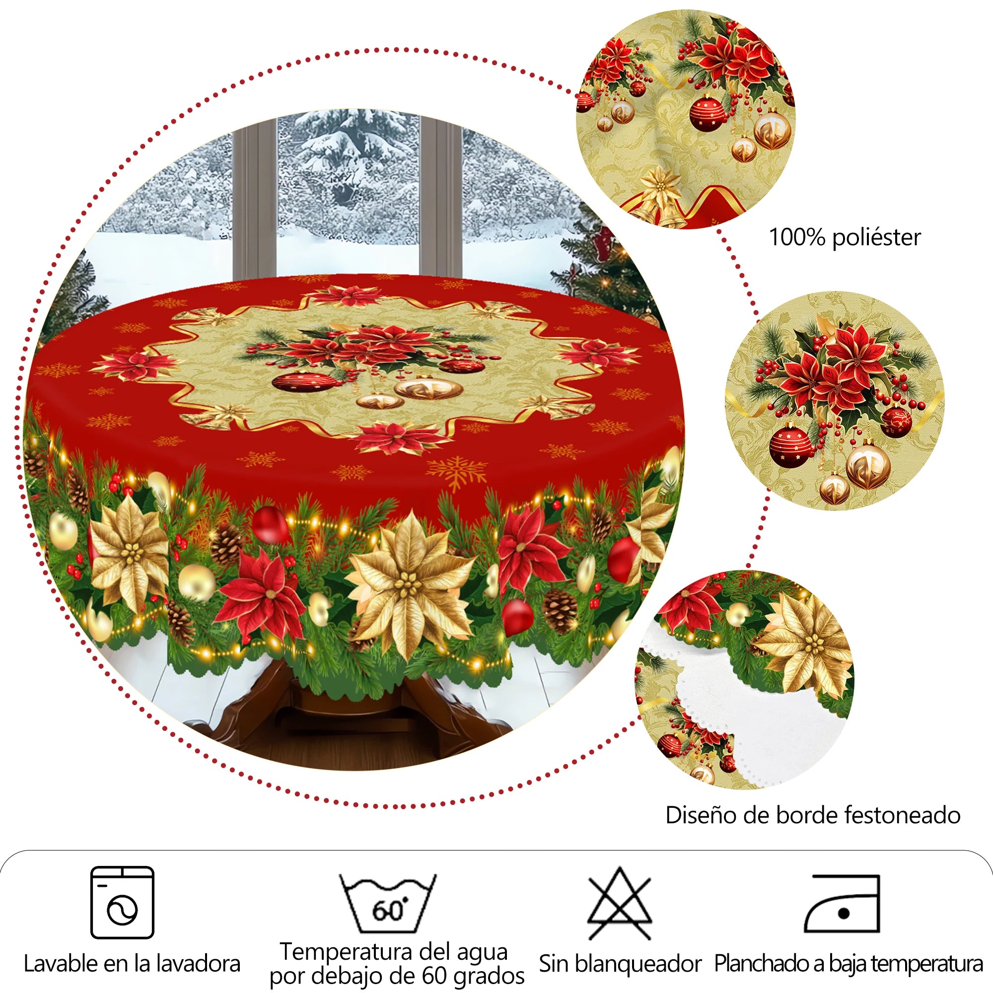 1 Christmas Themed Round and Rectangular Tablecloths, Available in Various Sizes, Christmas and New Year Decorative Tablecloths with Red and Gold First-Class Red and Gold Bell Pattern Christmas Tablecloths for Christmas Kitch