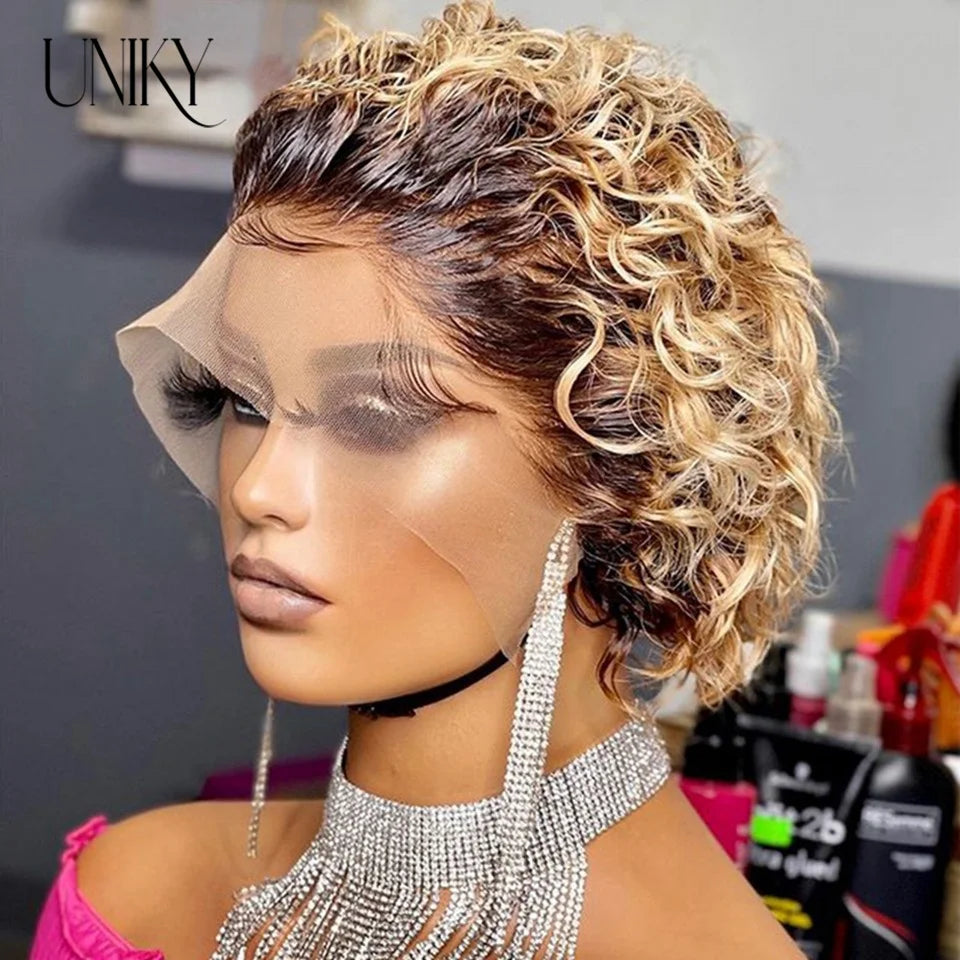 Brown Ombre Pixie Cut Wig Short Bob Curly Human Hair Wigs perruque bresillienne 99J Burgundy1B/Ginger Orange Water Deep Wave Wig